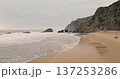 Portugal, Lisbon: Praia da Adraga beach with ocean waves breaking on the golden sand, rugged mountain cliffs rising above the coastline, tourists people walking along the shore. Aerial drone flight Portugal, Lisbon: Praia da Adraga beach with ocean waves breaking on the golden sand, rugged mountain cliffs rising above the coastline, tourists people walking along the shore. Aerial drone flight 137253286