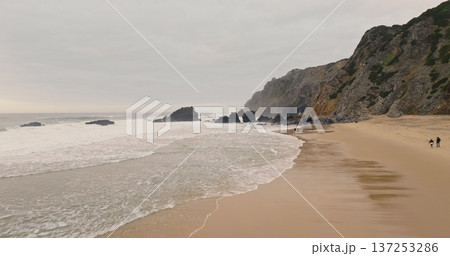 Portugal, Lisbon: Praia da Adraga beach with ocean waves breaking on the golden sand, rugged mountain cliffs rising above the coastline, tourists people walking along the shore. Aerial drone flight 137253286