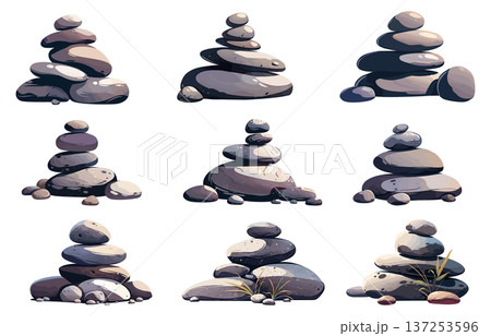 Cartoon set of stone pyramids, philosophical concept, peace and tranquility, natural elements, round stones of different sizes and shapes, vector illustration 137253596