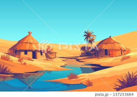 Cartoon desert with African huts at oasis, thatched roofs, tribal settlement, sand, bushes, sky, day, palm trees, Africa, heat, vector illustration Cartoon desert with African huts at oasis, thatched roofs, tribal settlement, sand, bushes, sky, day, palm trees, Africa, heat, vector illustration 137253664