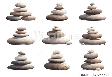 A set of stones stacked in a pyramid, a philosophical concept of peace and tranquility, various shapes and sizes of stones, natural elements, rounded shapes, vector illustration 137253672