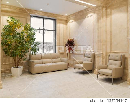 Inviting sitting area featuring lush greenery and modern design elements Inviting sitting area featuring lush greenery and modern design elements 137254147