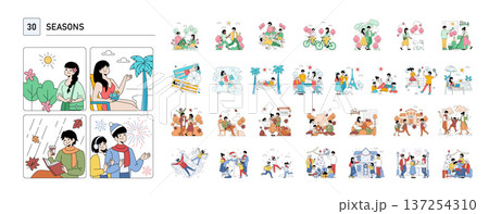 Vector illustration depicting various seasonal activities and celebrations. People engage in outdoor and indoor activities across different times of the year, enjoying nature, sports, and festive 137254310