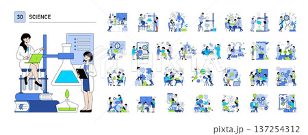 Science vector illustration showing individuals interacting with lab equipment and technology in a laboratory setting. Scenes depict teamwork and innovation in various scientific experiments. 137254312