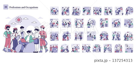 Vector illustration depicting various professionals and occupations. Features individuals in roles like chef, doctor, firefighter, and more, showcasing teamwork and diversity in careers. Vector illustration depicting various professionals and occupations. Features individuals in roles like chef, doctor, firefighter, and more, showcasing teamwork and diversity in careers. 137254313