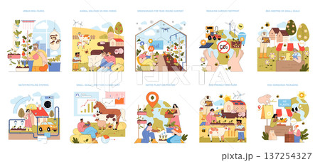 Vector illustration showcasing sustainable mini-farming with urban agriculture, livestock management, greenhouses, and eco-friendly packaging. Emphasizes reducing carbon footprint. Vector illustration showcasing sustainable mini-farming with urban agriculture, livestock management, greenhouses, and eco-friendly packaging. Emphasizes reducing carbon footprint. 137254327