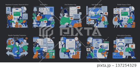 Vector illustrations depicting various financial concepts in modern life. Scenes include freelance work, budgeting, side gigs, and managing digital finances, highlighting dynamic activities. 137254329