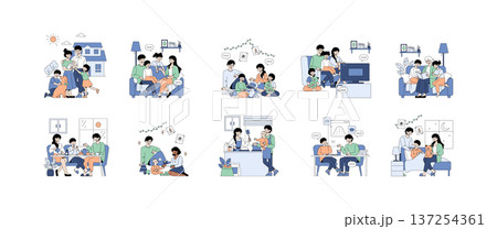 Vector illustration set depicting family moments at home, including playtime, meal sharing, and bedtime stories. Features expressions of joy, bonding, and laughter in a cozy setting. Vector illustration set depicting family moments at home, including playtime, meal sharing, and bedtime stories. Features expressions of joy, bonding, and laughter in a cozy setting. 137254361