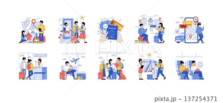 Vector illustration set depicting various travel and vacation-related activities. Images include packing bags, booking flights, using maps, and airport scenes, capturing joyful travel moments. Vector illustration set depicting various travel and vacation-related activities. Images include packing bags, booking flights, using maps, and airport scenes, capturing joyful travel moments. 137254371