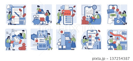 Vector illustration set showing people managing finances with technology, including online money transfers, mobile banking, cryptocurrency, financial security, and investment trends. Vector illustration set showing people managing finances with technology, including online money transfers, mobile banking, cryptocurrency, financial security, and investment trends. 137254387