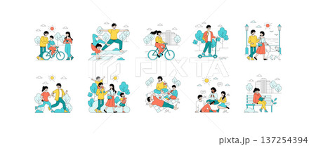 Vector illustration showcasing people engaging in outdoor activities like cycling, skateboarding, and running in a park while enjoying sunny weather and expressing joy and relaxation. Vector illustration showcasing people engaging in outdoor activities like cycling, skateboarding, and running in a park while enjoying sunny weather and expressing joy and relaxation. 137254394