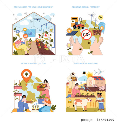 Vector illustration showcasing sustainable farming techniques. Includes AI-driven greenhouses, carbon footprint reduction, native plant cultivation, and eco-friendly mini-farms. Vector illustration showcasing sustainable farming techniques. Includes AI-driven greenhouses, carbon footprint reduction, native plant cultivation, and eco-friendly mini-farms. 137254395