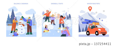 Winter vector illustration set featuring families building a snowman, engaging in snowball fights, and enjoying winter road trips. Bright cartoon style evokes joy and holiday fun. Winter vector illustration set featuring families building a snowman, engaging in snowball fights, and enjoying winter road trips. Bright cartoon style evokes joy and holiday fun. 137254411