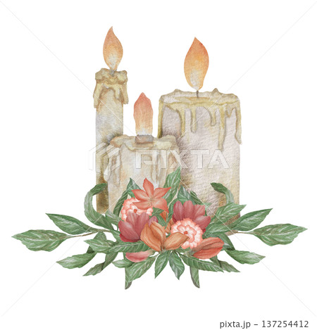 Watercolor illustration Wedding collection Composition Wax candles with flowers Fire PNG transparent background Hand drawing Vintage Watercolor illustration Wedding collection Composition Wax candles with flowers Fire PNG transparent background Hand drawing Vintage 137254412