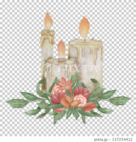 Watercolor illustration Wedding collection Composition Wax candles with flowers Fire PNG transparent background Hand drawing Vintage Watercolor illustration Wedding collection Composition Wax candles with flowers Fire PNG transparent background Hand drawing Vintage 137254412