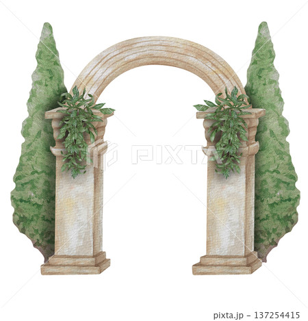 Watercolor illustration Wedding collection Stone granite arch with cypress trees Environmental decoration PNG transparent background Hand drawing Vintage 137254415