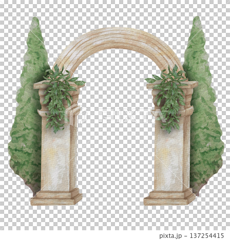 Watercolor illustration Wedding collection Stone granite arch with cypress trees Environmental decoration PNG transparent background Hand drawing Vintage 137254415