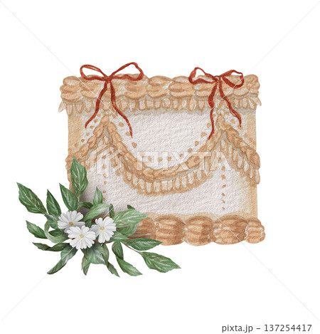 Watercolor illustration Wedding collection Lambeth Red Bow Butter Cake Plants PNG transparent background Hand drawing Vintage 137254417