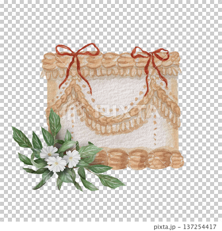 Watercolor illustration Wedding collection Lambeth Red Bow Butter Cake Plants PNG transparent background Hand drawing Vintage 137254417