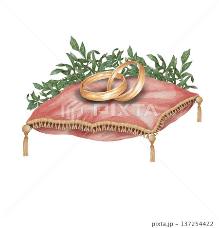 Watercolor illustration Wedding collection Decorations on a red pillow Rings and greenery PNG transparent background Hand drawing Vintage 137254422