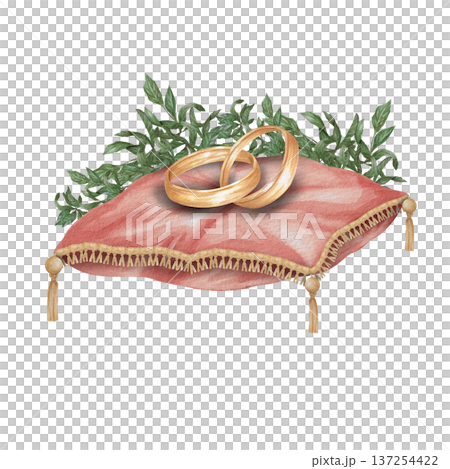 Watercolor illustration Wedding collection Decorations on a red pillow Rings and greenery PNG transparent background Hand drawing Vintage 137254422