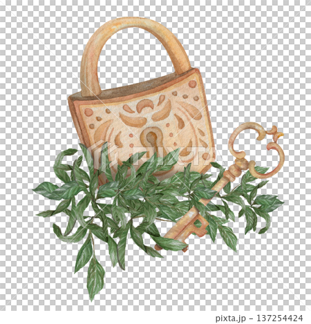 Watercolor illustration Wedding collection Copper golden lock with key Plants greenery PNG transparent background Hand drawing Vintage 137254424