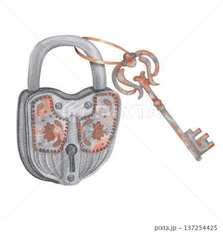 Watercolor illustration Wedding collection Silver gray padlock with key on ribbon PNG transparent background Hand drawing Vintage Watercolor illustration Wedding collection Silver gray padlock with key on ribbon PNG transparent background Hand drawing Vintage 137254425