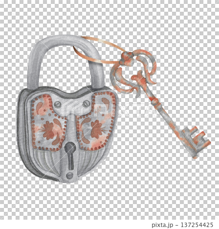 Watercolor illustration Wedding collection Silver gray padlock with key on ribbon PNG transparent background Hand drawing Vintage Watercolor illustration Wedding collection Silver gray padlock with key on ribbon PNG transparent background Hand drawing Vintage 137254425