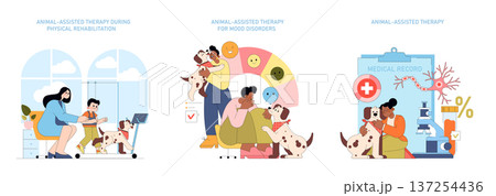 Vector illustrations showcasing animal-assisted therapy during physical rehabilitation, mood disorder treatment, and medical record analysis, highlighting interaction and healing benefits. Vector illustrations showcasing animal-assisted therapy during physical rehabilitation, mood disorder treatment, and medical record analysis, highlighting interaction and healing benefits. 137254436
