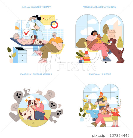 Vector illustrations depicting animal-assisted therapy and emotional support animals. Showcases interactions with assistance dogs and support animals in therapeutic and supportive settings. 137254443