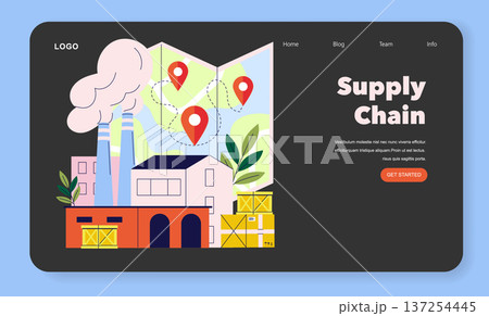 Vector illustration of a supply chain concept featuring a factory, map with location pins, and logistic symbols. Designed for business, logistics, and management themes. 137254445