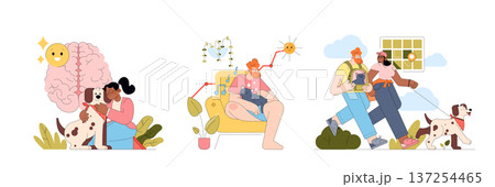 Vector illustration set showing people enjoying quality time with pets. Scenes include hugging a dog, relaxing with a cat, and walking a dog, highlighting joy and companionship. 137254465