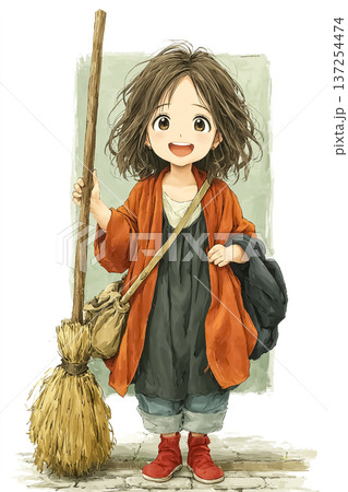 美優シリーズ：ほうきを持った魔女コスプレの若い女性｜赤いブーツの全身ファンタジーイラスト 137254474