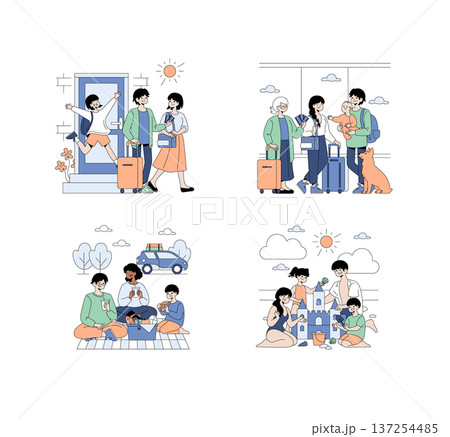 Vector illustration depicting a family enjoying travel and leisure activities. Scenes show a family leaving home with luggage, meeting at the airport, having a picnic, and building sandcastles. 137254485