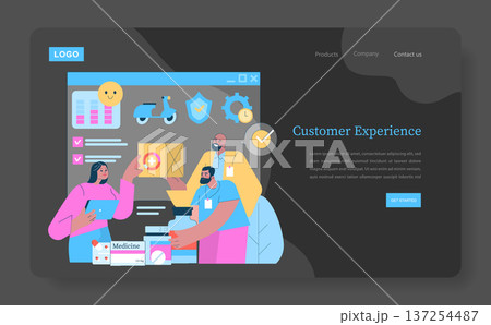 Vector illustration depicting a collaborative team discussing customer experience and product delivery. Features include delivery icons, product packages, and teamwork elements. 137254487