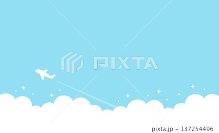 青空を飛ぶ飛行機と雲の背景、旅行のイメージイラスト、16対9の横長サイズ 137254496