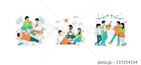Vector illustration of friends relaxing during a picnic and enjoying drinks. The scene transitions to a celebration, with a trophy raised, capturing joy and camaraderie among the group. 137254534