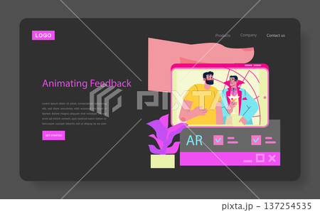 Animated feedback concept using augmented reality to enhance user interaction on a digital platform. Vector illustration features a hand holding a smartphone with animated characters. 137254535