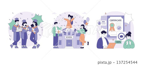 Vector illustration depicting a joyful graduation scene with graduates in caps and gowns holding certificates. Emphasizes achievement, success, and the joy of completion. Vector illustration depicting a joyful graduation scene with graduates in caps and gowns holding certificates. Emphasizes achievement, success, and the joy of completion. 137254544