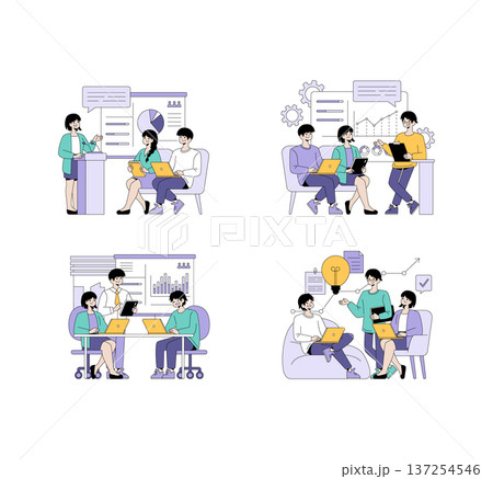 Business professionals engaged in team discussions and presentations, sharing ideas and analyzing charts in a collaborative environment. The vector illustration captures teamwork and communication Business professionals engaged in team discussions and presentations, sharing ideas and analyzing charts in a collaborative environment. The vector illustration captures teamwork and communication 137254546
