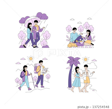 Vector illustration depicting couples engaging in outdoor activities. Scenes include walking in the rain, a picnic, hiking, and a beach walk. Vibrant and relaxed expressions highlight enjoyment. Vector illustration depicting couples engaging in outdoor activities. Scenes include walking in the rain, a picnic, hiking, and a beach walk. Vibrant and relaxed expressions highlight enjoyment. 137254548