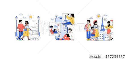 Vector illustration depicting a family on vacation engaging in sightseeing and taking photos. Another scene shows a person using a smartphone to share experiences on social media platforms. 137254557