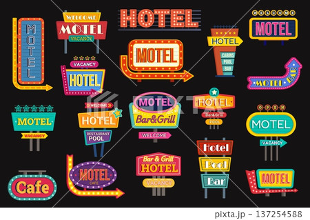 Motel signboards. Vintage road billboards, retro classic american street signage hotel gas station cafe 1950s travel trip pointers sign city advertising, kicky vector illustration Motel signboards. Vintage road billboards, retro classic american street signage hotel gas station cafe 1950s travel trip pointers sign city advertising, kicky vector illustration 137254588