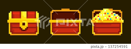 Pixel treasure chests. Wooden chest treasures open box, pixelart retro game icon mystery golden coin pirate gold money gem 8 bit video arcade ui travel kicky vector illustration 137254591