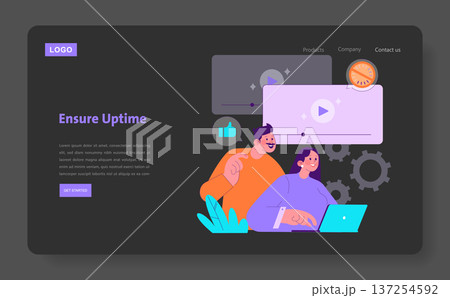 Vector illustration of two smiling individuals collaborating on a website interface design. Features include colorful graphics, website elements, and teamwork for effective online solutions. 137254592