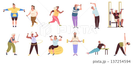 Seniors people exercises. Old man physical exercise, senior woman yoga fitness elder grandfather sport training grandmother workout gym pensioners set classy vector illustration 137254594