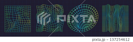 Warp wireframe. Wave mesh, distort lattice glitch grid retro geometry 3d perspective cyberpunk 80s y2k retrowave vapor synth green psychedelic abstract digital vector illustration 137254612