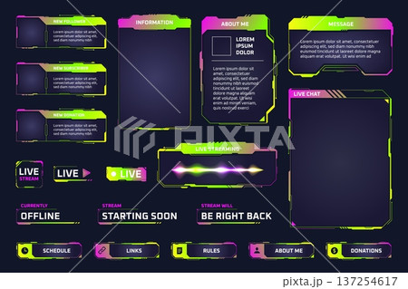 Twitch stream panels. Game streaming elements, live broadcast overlay video screen acid green y2k cyberpunk tech frame streamer user ui hud buttons futuristic vector illustration Twitch stream panels. Game streaming elements, live broadcast overlay video screen acid green y2k cyberpunk tech frame streamer user ui hud buttons futuristic vector illustration 137254617
