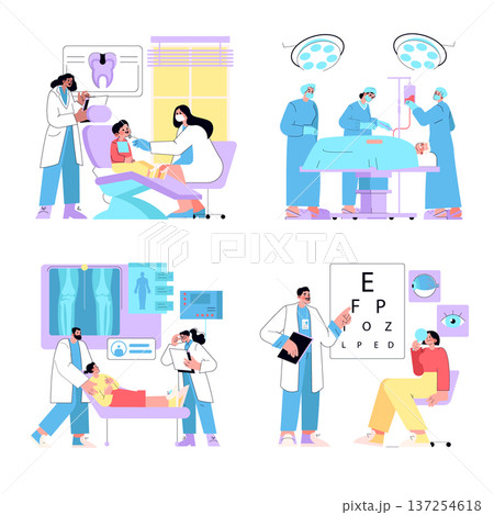 Vector illustration of healthcare professionals in various medical settings, including a dental checkup, surgery preparation, X-ray examination, and an eye test, highlighting medical expertise. Vector illustration of healthcare professionals in various medical settings, including a dental checkup, surgery preparation, X-ray examination, and an eye test, highlighting medical expertise. 137254618