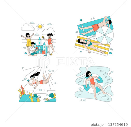 Vector illustration set showing summer beach activities. Includes sandcastle building, sunbathing, snorkeling, and pool lounging. Emphasizes enjoyment and relaxation. 137254619